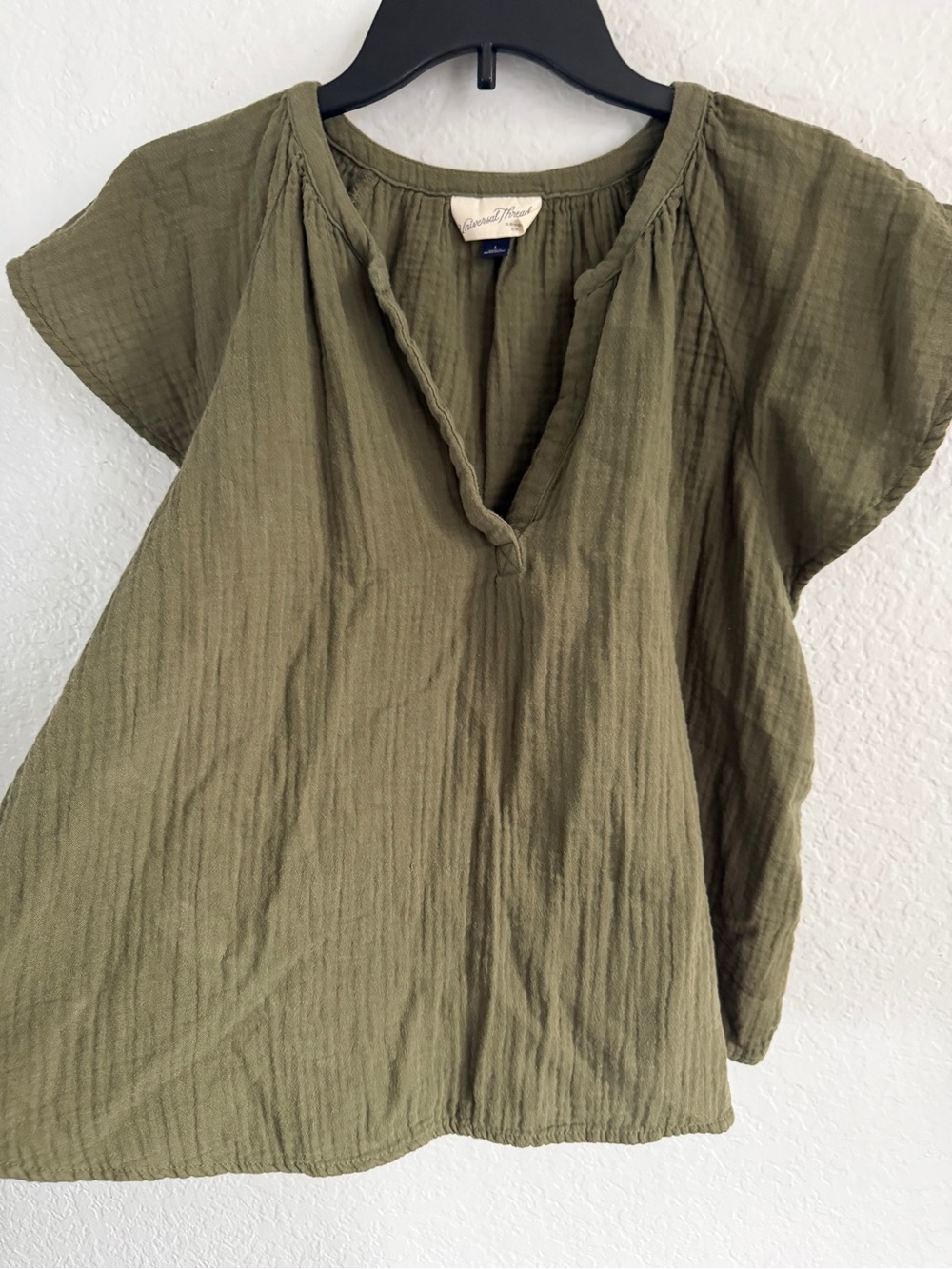 two Universal Thread Olive Green & Black  Gauze Split-Neck Short Sleeve Top